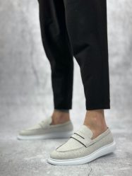 BA0355 Bağcıksız Keten Beyaz Klasik Corcik Erkek Ayakkabı