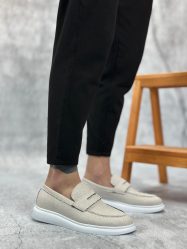 BA0355 Bağcıksız Keten Beyaz Klasik Corcik Erkek Ayakkabı
